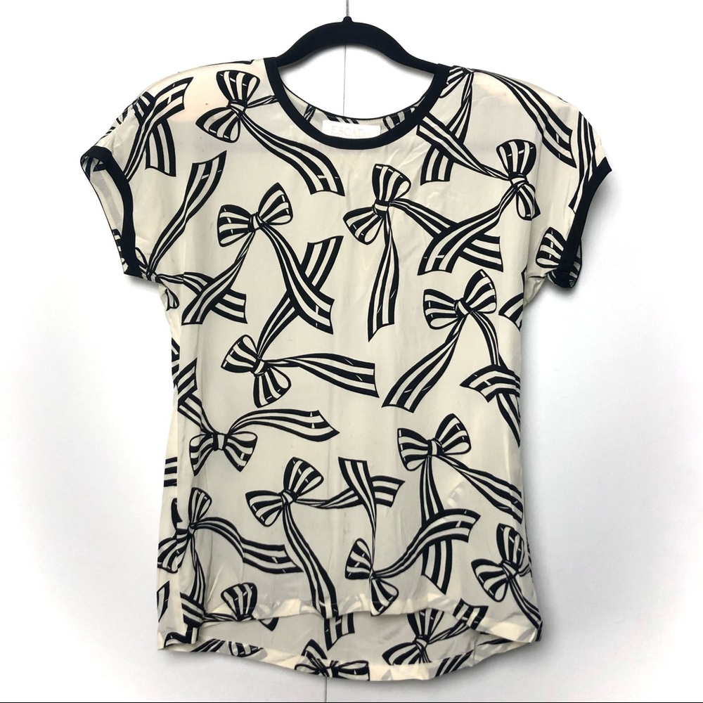 Escada Vintage Silk Bow Print Shirt with Shoulder Pads Black Ivory